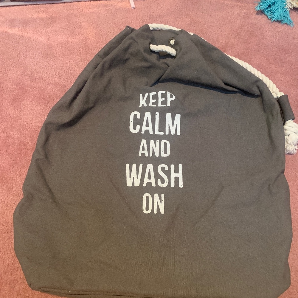 Super cute keep calm and wash on laundry bag. Canvas